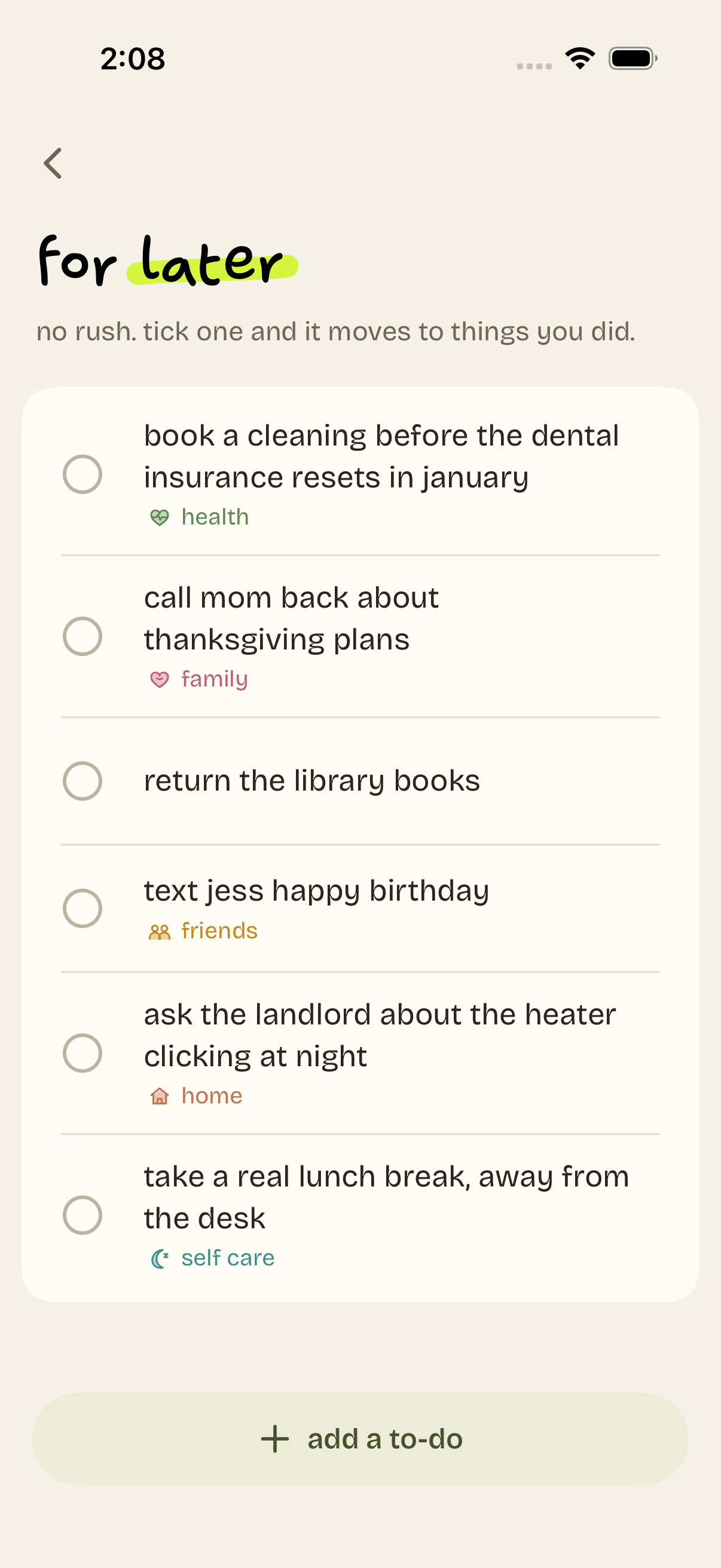 the for later list: to-dos you can tick off when you get to them