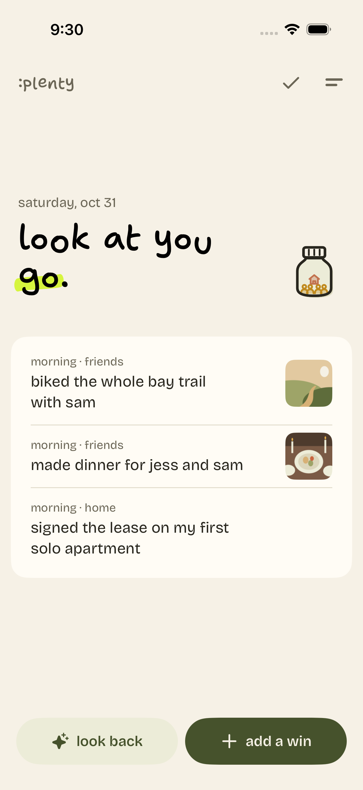 home screen with three wins: “look at you go.”