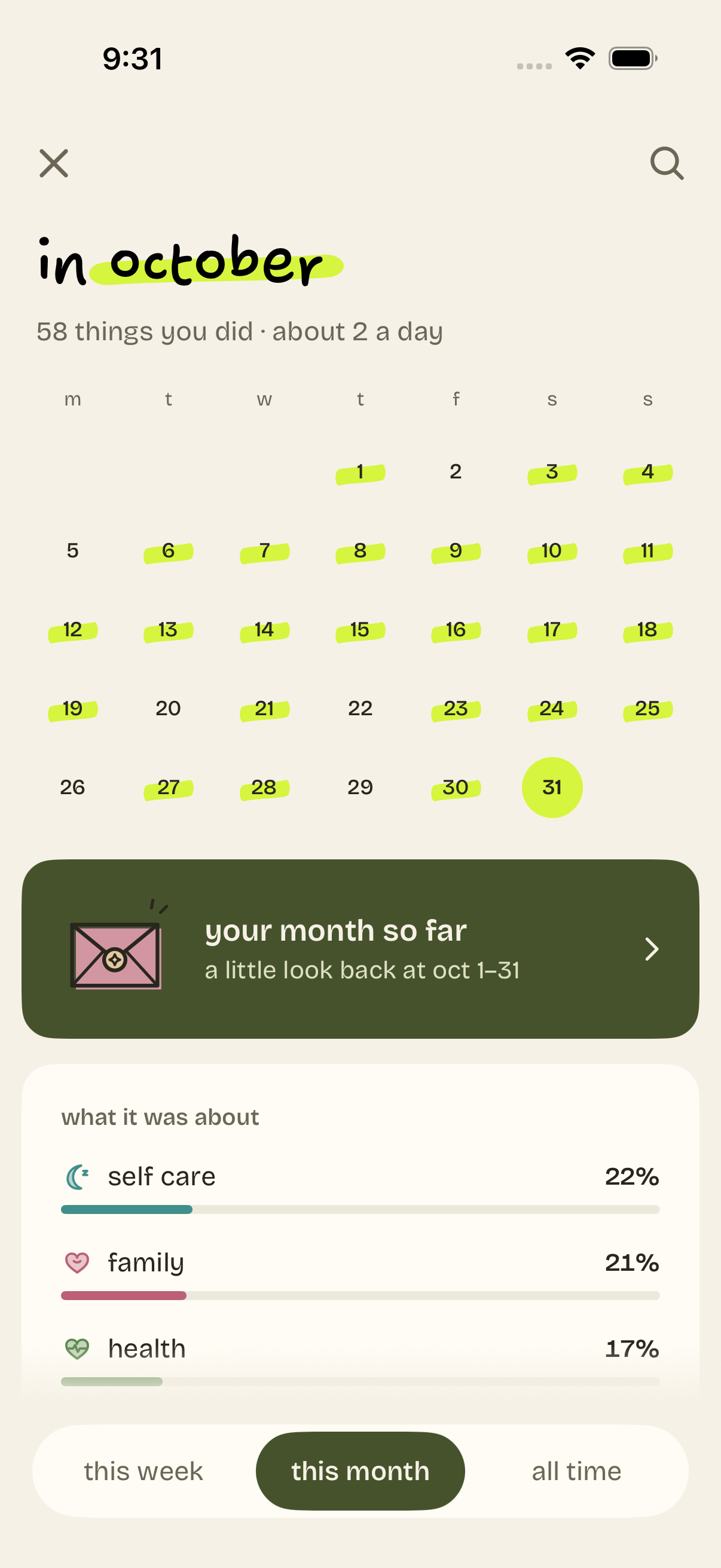 the month of october with every logged day highlighted